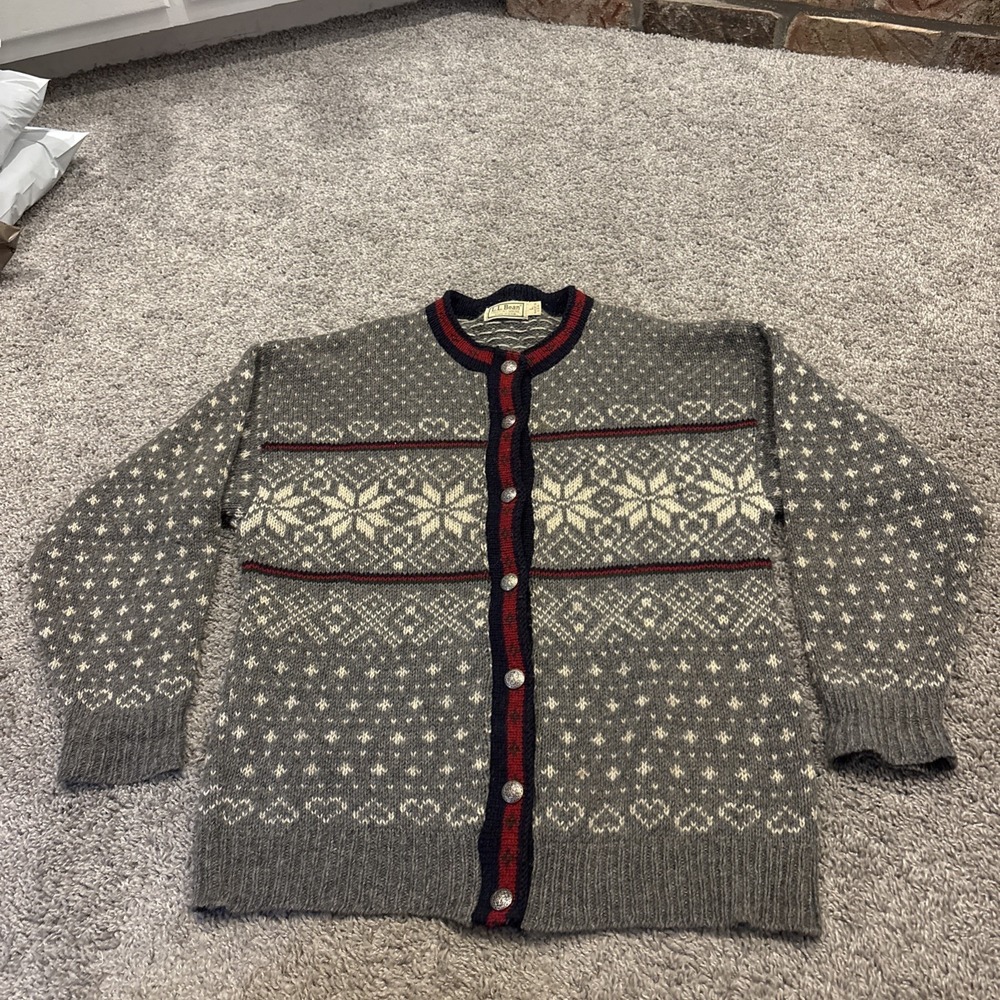 Vintage 80s LL Bean Nordic Snowflake Wool Cardigan Sweater Sz XL Gray Red Green